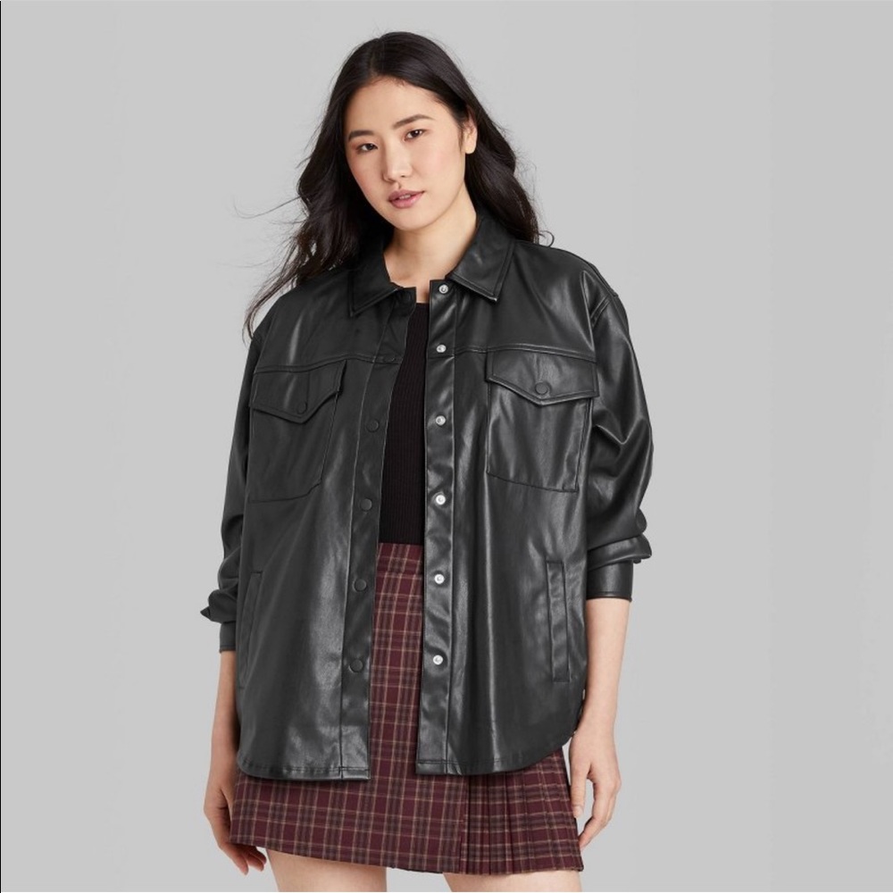 NWT Wild Fable Women’s Button-Front Faux Leather Shirt Jacket Black